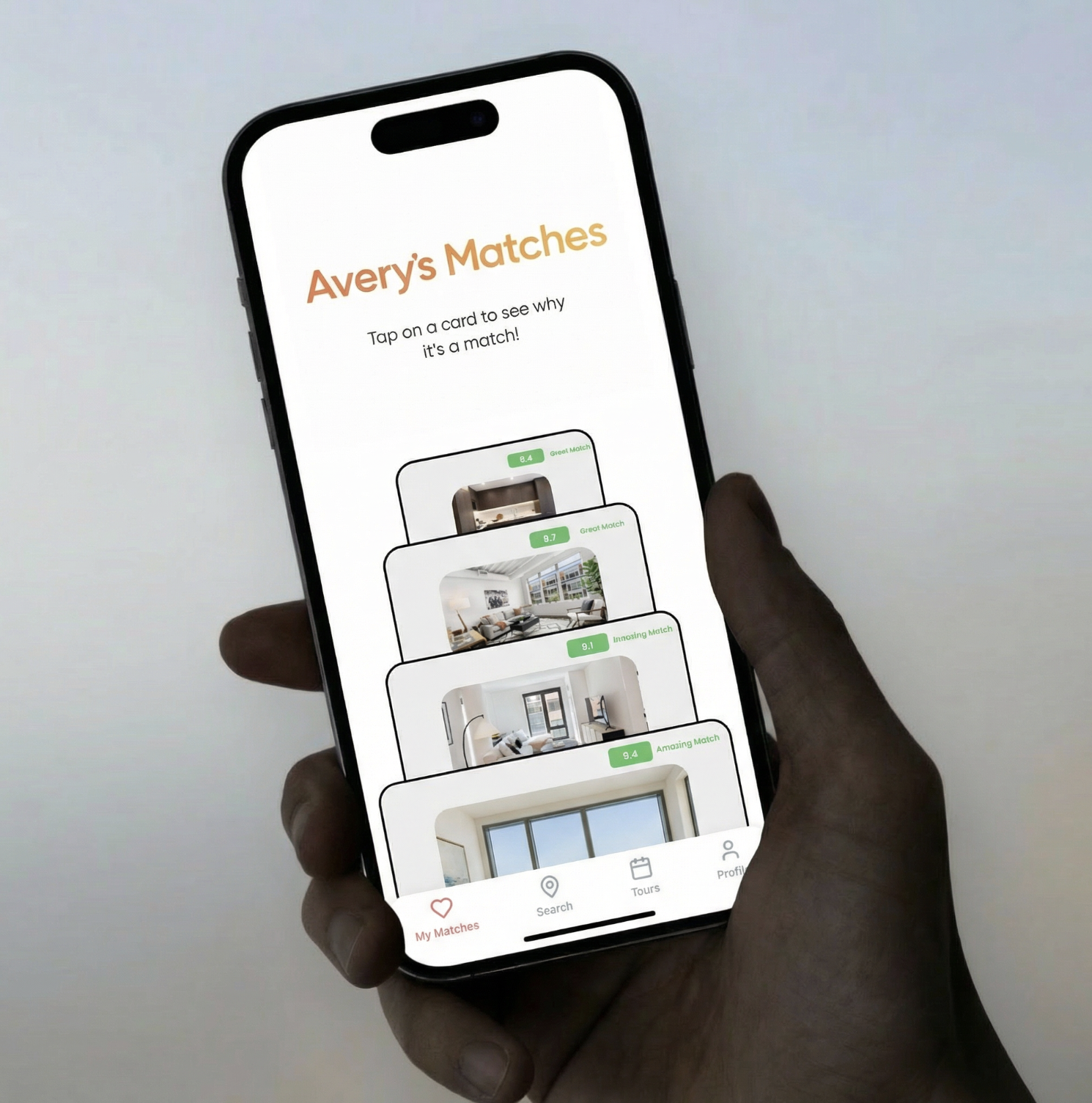 myAPT app showing Avery's Matches - apartment listings with match scores