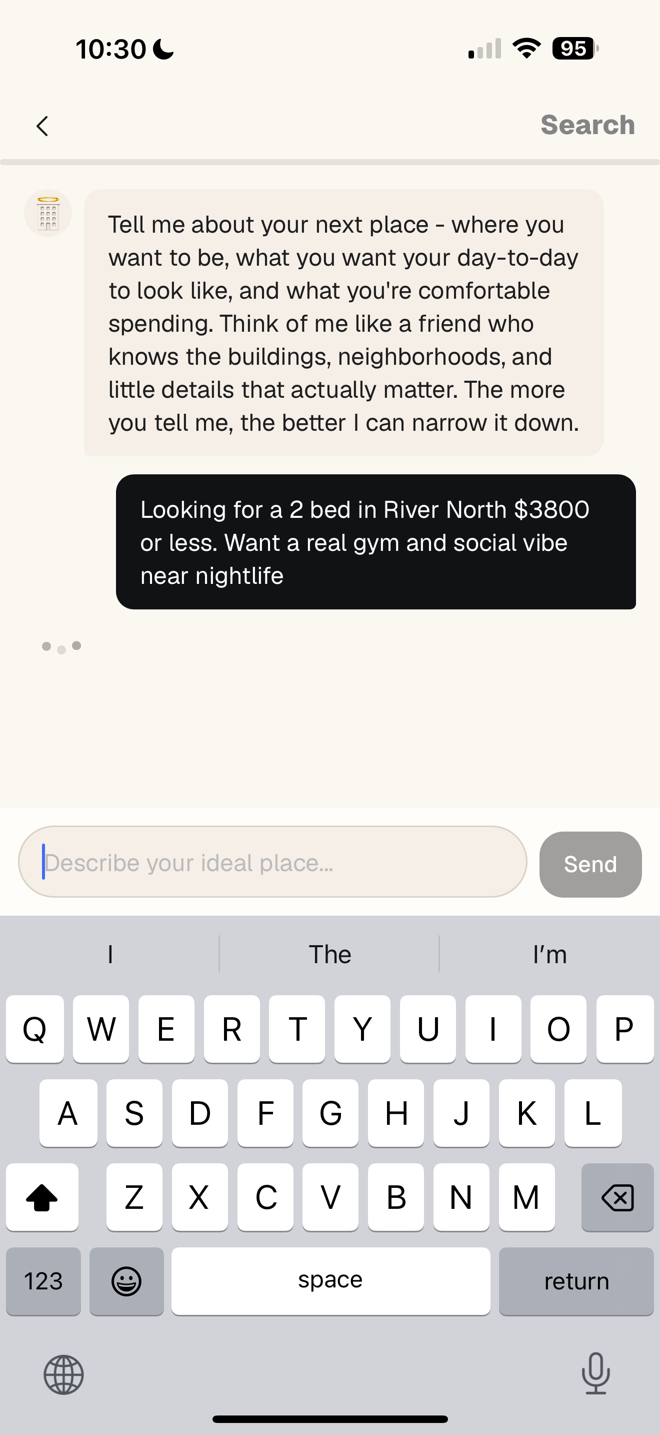 myAPT app search screen with a renter describing their ideal apartment